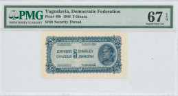 YUGOSLAVIA: 5 Dinara (1944) in blue. Soldier with rifle at right on face. Thin vertical security thread. Inside holder by PMG "Superb Gem Unc 67 EPQ"....