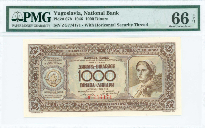 YUGOSLAVIA: 1000 Dinara (1.5.1946) in brown on multicolor unpt. Arms at left and...