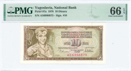 YUGOSLAVIA: 10 Dinara (12.8.1978) in dark brown on multicolor unpt. Male steelworker at left on face. S/N: "AS 6996875". Signature #10. Inside holder ...