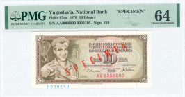 YUGOSLAVIA: Specimen of 10 Dinara (12.8.1978) in dark brown on multicolor unpt. Male steelworker at left on face. S/N: "AA 0000000". Red diagonal ovpt...