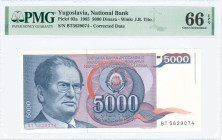 YUGOSLAVIA: 5000 Dinara (1.5.1985) in deep blue on multicolor unpt. Josip Broz Tito at left and arms at center on face. S/N: "BT 5629074". WMK: Tito. ...