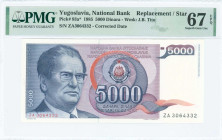 YUGOSLAVIA: Replacement of 5000 Dinara (1.5.1985) in deep blue on multicolor unpt. Josip Broz Tito at left and arms at center on face. S/N: "ZA 306433...
