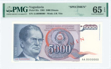 YUGOSLAVIA: Specimen of 5000 Dinara (1.5.1985) in deep blue on multicolor unpt. Josip Broz Tito at left on face. Red and black S/N: "AA 0000000". Red ...