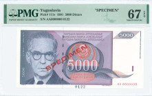 YUGOSLAVIA: Specimen of 5000 Dinara (1991) in purple, red-orange and blue-gray on gray unpt. Ivo Andric at left on face. S/N: "AA 0000000". Red ovpt "...