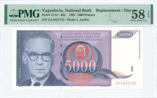 YUGOSLAVIA: Replacement of 5000 Dinara (1991) in purple, red-orange and blue-gray on gray. Ivo Andric at left on face. S/N: "ZA 1021715". WMK: Andric....