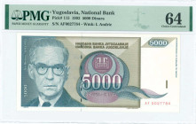 YUGOSLAVIA: 5000 Dinara (1992) in deep blue-green, purple and deep olive-brown on gray unpt. Ivo Andric at left on face. S/N: "AF 0027784". WMK: Andri...
