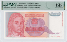 YUGOSLAVIA: 1 billion Dinara (1993) in red and purple on orange and blue-gray unpt. Young girl at left and National Bank monogram at center on face. S...