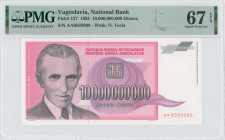 YUGOSLAVIA: 10 billion Dinara (1993) in black, purple and red. Nicola Tesla at left and National Bank monogram at center on face. S/N: "AA 0595099". W...