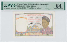 FRENCH INDO-CHINA: 1 Piastre (ND 1953) in multicolor. Woman at right on face. S/N: "Y.358 571". WMK: Mercury head. Inside holder by PMG "Choice Uncirc...