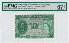 HONG KONG: 1 Dollar (1.7.1959) in dark green on multicolor unpt. Portrait of Queen Elizabeth II at right on face. S/N: "6E 176409". Printed by BWC. In...