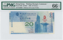 HONG KONG: 20 Dollars (2008) commemorative issue for the 2008 Olympic Games in light blue on multicolor unpt. Bank of China building, classical Greek ...