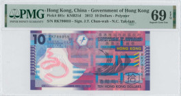 HONG KONG: 10 Dollars (1.1.2012) in purple, blue and multicolor. Geometric patterns on face. S/N: "RK 796055". Inside holder by PMG "Superb Gem Unc 69...
