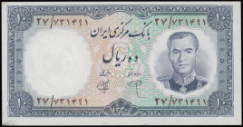 IRAN: 10 Rials (SH1337 / 1958) in dark blue on green and orange unpt. Fifth portrait of Shah Pahlavi in army uniform at right on face. S/N: "27/731491...