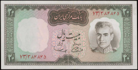 IRAN: 20 Rials (ND 1969) in dark brown on pink and green unrpt. Ornate design at center. Type VII portrait of Shah Pahlavi in army uniform at right on...
