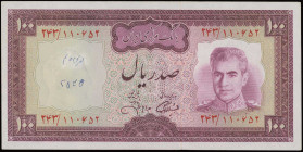 IRAN: 100 Rials (ND 1971-73) in maroon on olive-green and multicolor unrpt. Ornate design at center on face. Type VII portrait of Shah Pahlavi in army...
