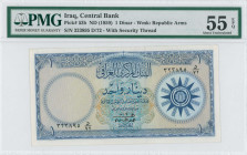 IRAQ: 1 Dinar (ND 1959) in blue on multicolor unpt. Republic arms with 1958 at right on face. S/N: "323895 D/72". WMK: Republic Arms. Security thread....