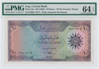 IRAQ: 10 Dinars (ND 1959) in purple on multicolor unpt. Republic arms with 1958 at right on face. S/N: "998017 W/2". WMK: Symbol of Immortal Revolutio...