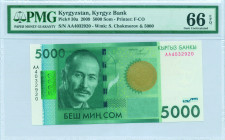 KYRGYZSTAN: 5000 Som (2009) in green and multicolor. Suimenkul Chokmorov at left on face. S/N: "AA 4032920". WMK: S Chokmorov & value "5000". Printed ...
