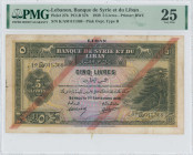 LEBANON: 5 Livres (1.9.1939) in brown. Cedar tree at right on face. S/N: "K/AM 011369". Pink ovpt (type B). Printed by BWC. Inside holder by PMG "Very...