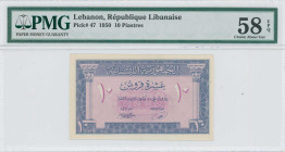 LEBANON: 10 Piastres (21.11.1950) in blue-violet on lilac unpt. Inside holder by PMG "Choice About Unc 58 EPQ". (Pick 47).