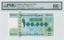 LEBANON: 100000 Livres (2004) in dark blue-green and dark green on multicolor unpt. S/N: "E 058412737". WMK: Cedar Tree & value "100000". Printed by o...