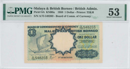 MALAYA & BRITISH BORNEO: 1 Dollar (1.3.1959) in blue on multicolor unpt. Sailing boat at left on face. S/N: "A/75 548203". WMK: Tiger head. Printed by...