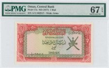 OMAN: 1 Rial (ND 1977) in red and brown on multicolor unpt. Arms at right on face. S/N: "A/11 062517". WMK: Arms. Printed by (BWC). Inside holder by P...