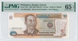 PHILIPPINES: 10 Piso (ND 1995-97) in dark brown and blue-gray on multicolor unpt. Mabini at left center, handwritten scroll at right on face. Black so...