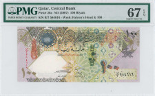 QATAR: 100 Riyals (ND 2007) in green on multicolor unpt. Coat of arms with dhow at right on face. S/N: "B/7 584616". WMK: Falcon head & value "100". P...