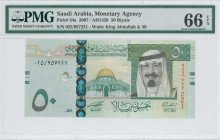 SAUDI ARABIA: 50 Riyals (AH1428 / 2007) in black, green and yellow on multicolor unpt. King Abdullah at right on face. S/N: "025/957221". WMK: King Ab...