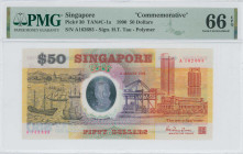 SINGAPORE: 50 Dollars (9.8.1990) commemorative issue for the 25th Anniversary of the Board of Commissioners of Currency in red and purple on multicolo...
