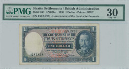 STRAITS SETTLEMENTS: 1 Dollar (1.1.1935) in dark blue. Portrait of King George V at right on face. S/N: "J/56 81828". WMK: Tiger head. Printed by BWC....