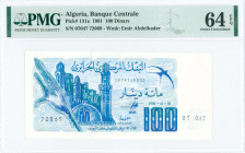ALGERIA: 100 Francs (1.11.1981) in dark blue and aqua on light blue unpt. Village with minarets at left on face. S/N: "07047 72069". WMK: Amir Abd el-...