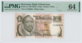 BOTSWANA: 1 Pula (ND 1976) in brown on multicolor unpt. Sir Seretse Khana at left on face. S/N: "A/1 038894". WMK: Rearing zebras. Printed by TDLR. In...