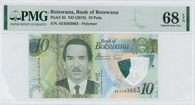 BOTSWANA: Lot of 2 banknotes composed of 2x 10 Pula (ND 2018) in light green, da...