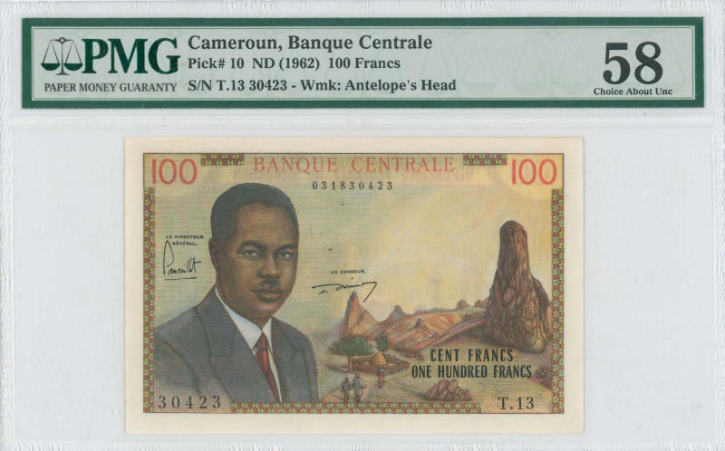 CAMEROON: 100 Francs (ND 1962) in multicolor. President Ahmadou Ahidjo at left o...