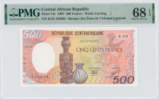 CENTRAL AFRICAN REPUBLIC: 500 Francs (1.1.1987) in brown on orange and multicolor unpt. Carving and jug at center on face. S/N: "R.02 102868". WMK: Ca...