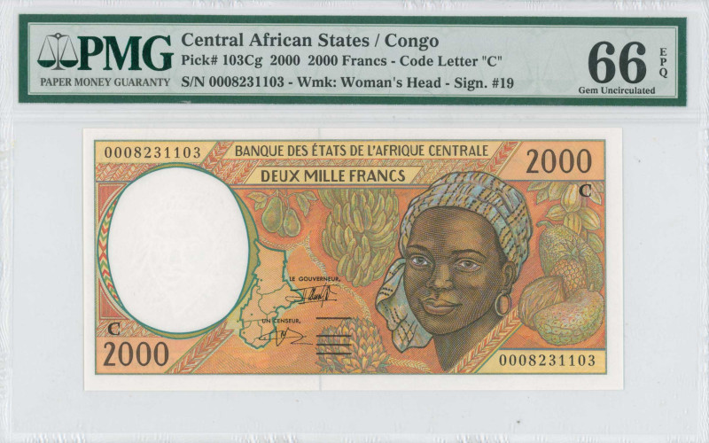 CENTRAL AFRICAN STATES / CONGO: 2000 Francs (2000) in dark brown and green on or...