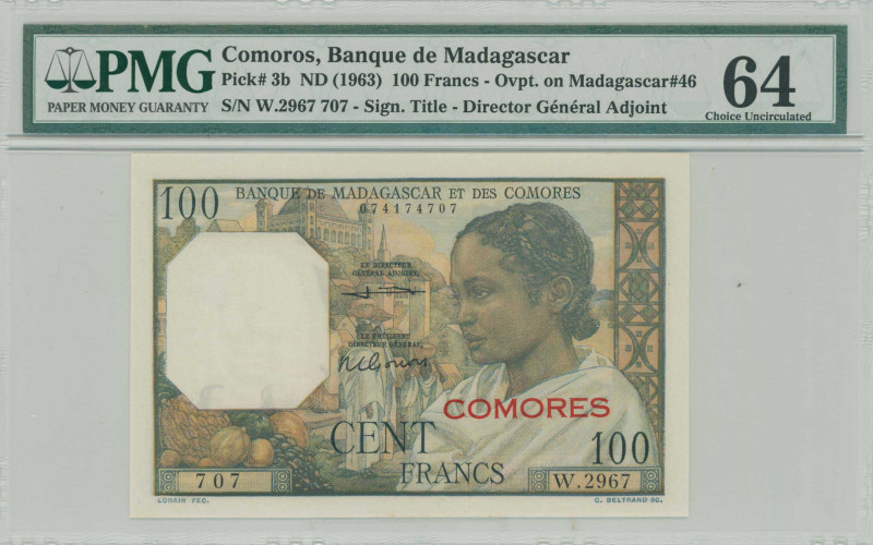 COMOROS: 100 Francs (ND 1963) in multicolor. Woman at right with palace of the Q...