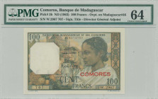 COMOROS: 100 Francs (ND 1963) in multicolor. Woman at right with palace of the Queen of Tananariva in background on face. S/N: "W.2967 707". WMK: Girl...