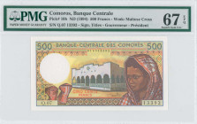 COMOROS: 500 Francs (ND 1994) in blue-gray, brown and red on multicolor unpt. Building at center and young woman wearing a hood at right on face. S/N:...