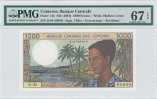 COMOROS: 1000 Francs (ND 1994) in blue-gray, brown and green om multicolor unpt. Woman at right, palm trees at waters edge in background on face. S/N:...