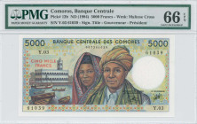 COMOROS: 5000 Francs (ND 1994) in green on multicolor unpt. Man and woman at center with boats and building in left background on face. S/N: "Y.03 610...