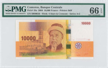 COMOROS: 10000 Francs (2006) in brown and yellow on multicolor unpt. Friday Mosque in Moroni at left and al-Habib Seyyid O bin sumeit at center on fac...