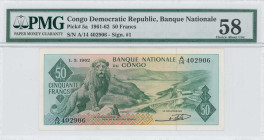 CONGO / DEMOCRATIC REPUBLIC: 50 Francs (1.3.1962) in green on multicolor unpt. Lion at left on face. S/N: "A/14 402906". Inside holder by PMG "Choice ...
