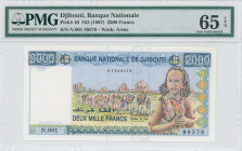 DJIBOUTI: 2000 Francs (ND 1997) in dark blue, blue-black and black on yellow and multicolor unpt. Young girl at right and camel caravan at center on f...