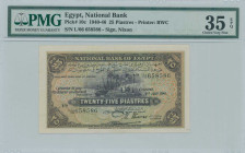 EGYPT: 25 Piastres (3.7.1941) in deep purple on multicolor unpt. Banks of the Nile at center on face. S/N: "L/66 658586". Signature by Nixon. Printed ...