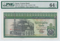 EGYPT: 20 Pounds (1976-78) in green and black on multicolor unpt. Mohamed Ali mosque at left on face. S/N: "19/S 0889508". WMK: Egyptian scribe. Insid...