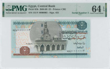 EGYPT: 5 Pounds (2004) in dark blue and green on multicolor unpt. Ahmed Ibn Touloun Mosque at center on face. Low S/N: "141/V 0000003". Printed by CBE...