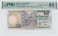 EGYPT: 20 Pounds (2008) in black, gray-violet and deep green on multicolor unpt. Muhammed Ali mosque at center on face. Low S/N: "160/X 0000003". WMK:...